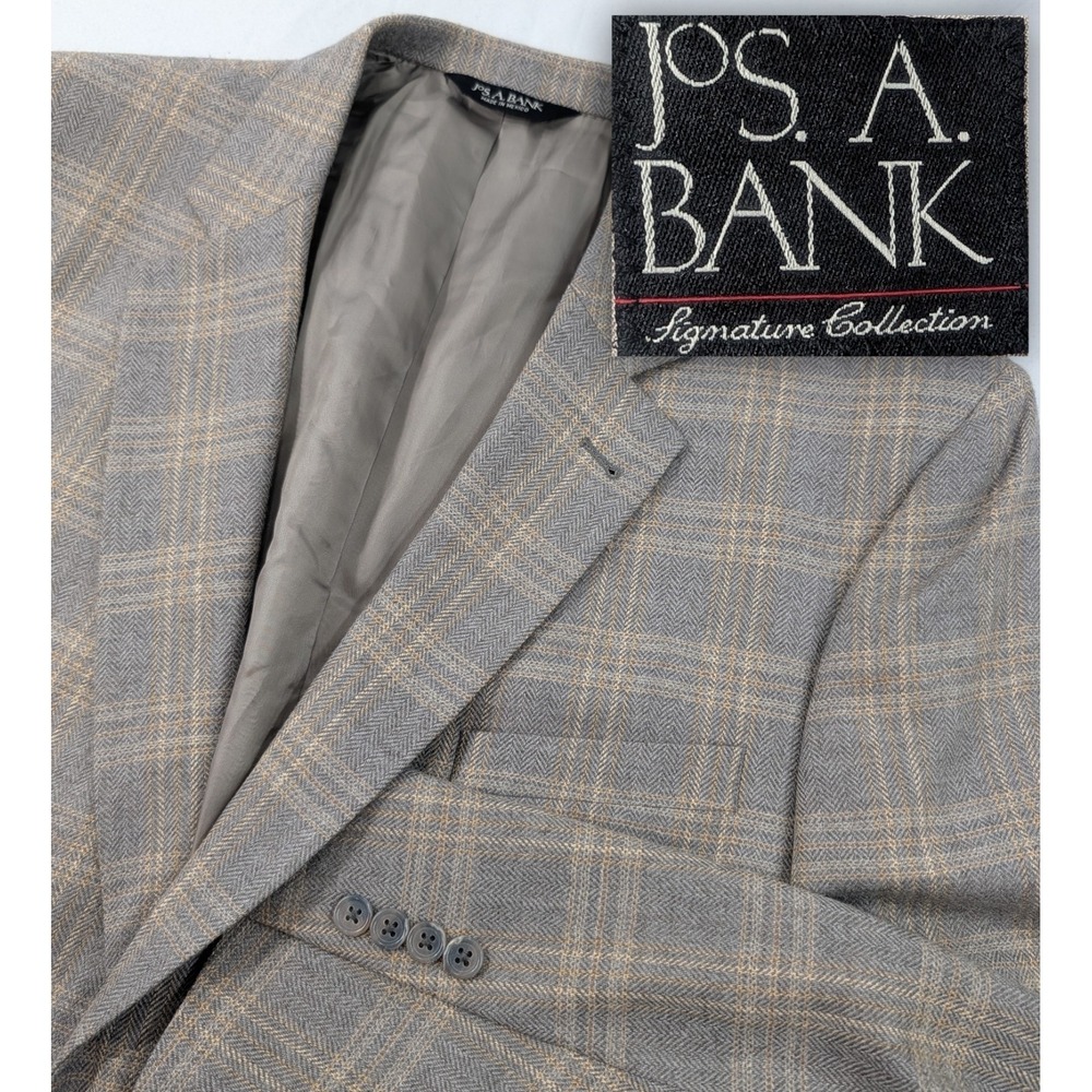 Jos Bank Blazer Coat Sport Suit Jacket Wool Gray DBL Glenn Check Plaid 46R 48"